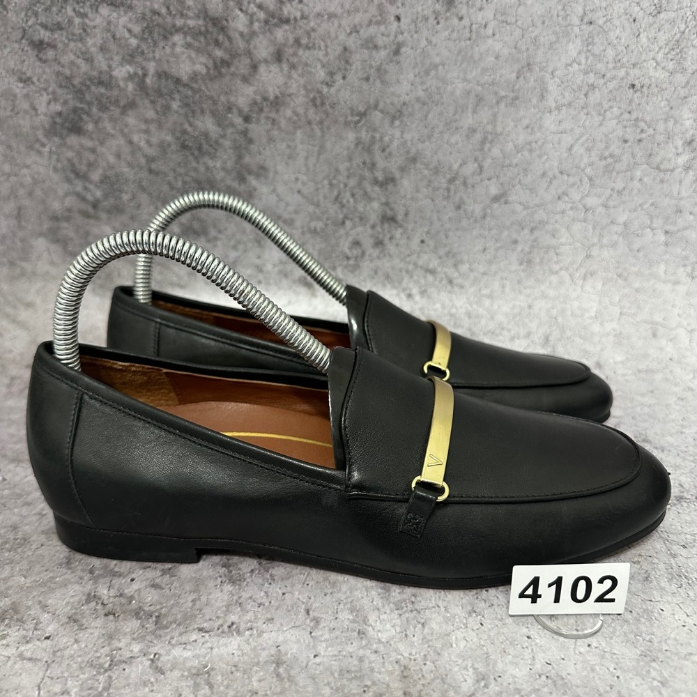 Vionic Evie Loafer Womens 7 Black Leather Gold Bar Orthotic Support Flat Shoes